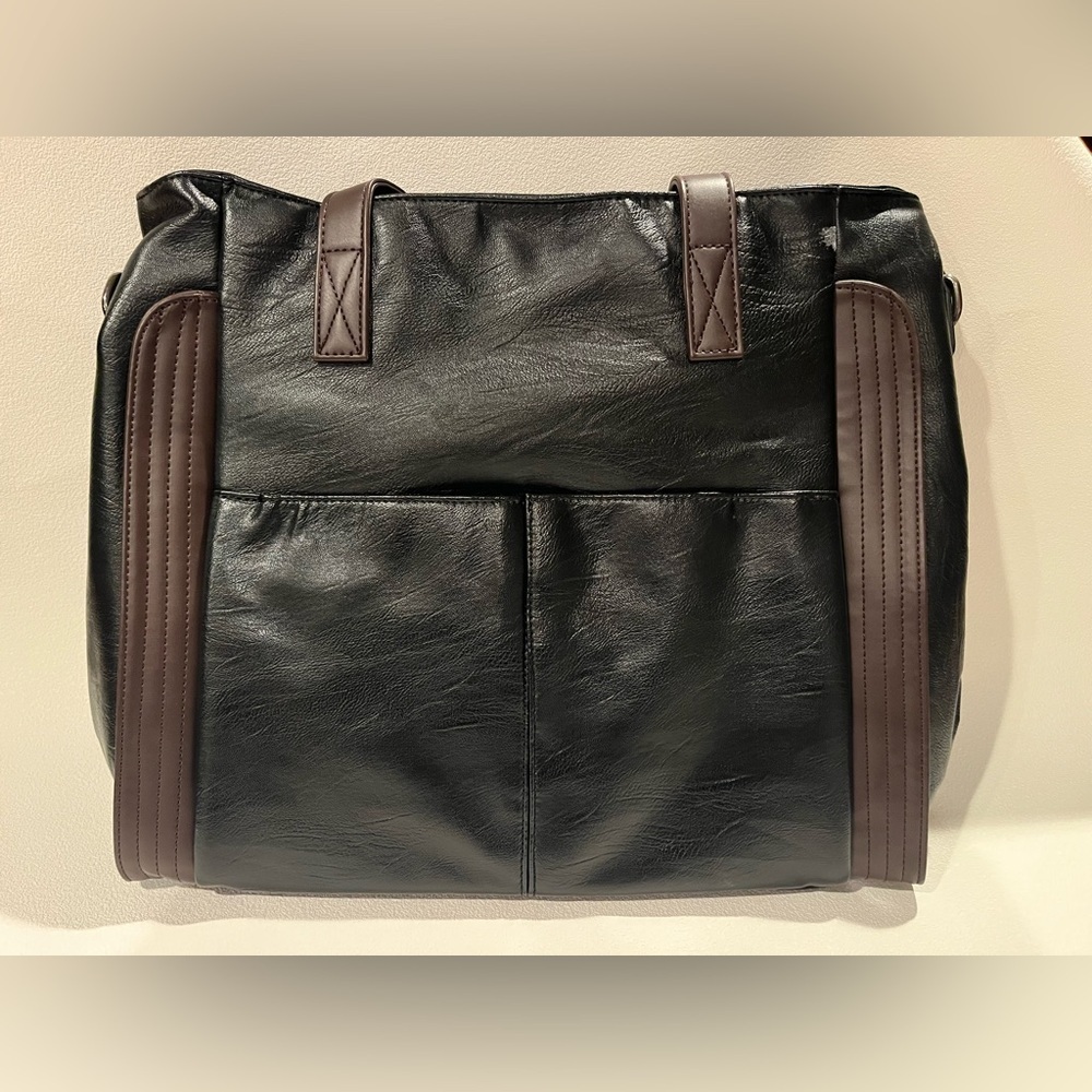 NEW Yaldomt Black/Brown Leather Bag Multi Pocket Zipper Closure - Picture 3 of 8